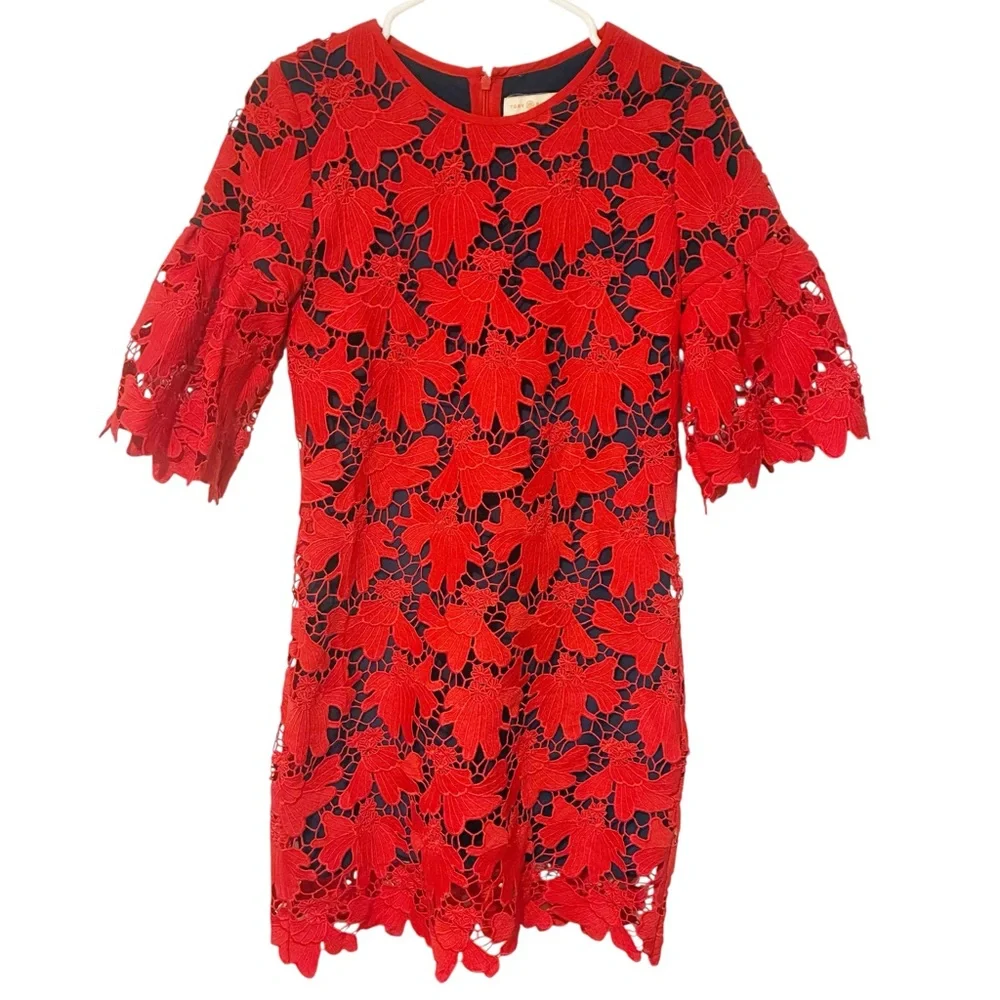 Tory Burch Nicola Guipure Lace Dress Red Lined Size‎ 2 Short Sleeve